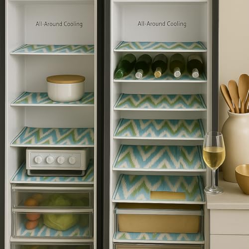 Image of Side-by-Side Door Fridge Shelf Liners Set: Mats for Refrigerator and Freezer Sections -Machine Washable Liners for Glass Shelves, Drawers, Trays Refrigerator Accessories, Pack of 22(Aqua Blue)