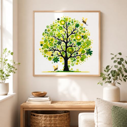 Image of Zhenqing Green Tree of Life Stamped Cross Stitch Kit, 11CT Printed Peace Tree with Bees Pattern, 11.8 x 11.8 Inch DIY Embroidery Kit