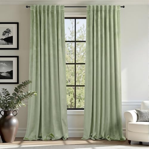 Image of Sage Green Boho Velvet Curtains 90 Inches Long for Living Dining Room Divider Super Soft Textured Heritage Plush Mid Century Modern Farmhouse Drapes for Nursery Kids Bedroom Vintage Victorian 2 Panels