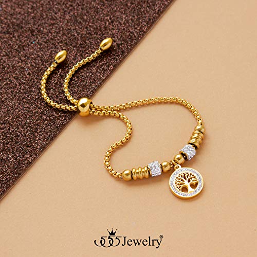 555Jewelry Stainless Steel Tree Of Life Charm Bracelet, Adjustable Slider Cuff Bangle Beaded Bolo Bracelets For Women, Cubic Zirconia Bracelets For Women, Gold #TOP2