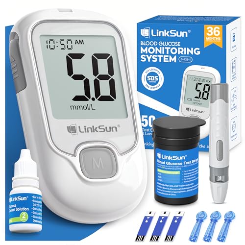 LinkSun G-425-1 Blood Glucose Monitor Kit, Blood Sugar Monitor with 50 Test Strips, 50 Lancets, 1 Glucometer, 1 Lancing Device, 1 Control Solution, No Coding, Time-Stamped Results, Results in mmol/L