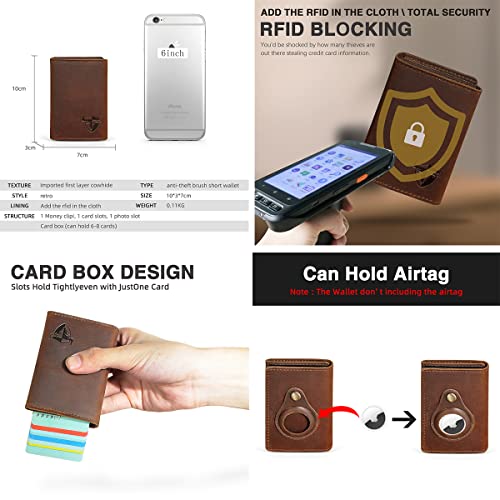 Natural Crazy Horse Leather Travel Gift Front Pocket With Airtag Card Case Snap Organizer Rfid Wallet For Men Male 1691 (Brown)3