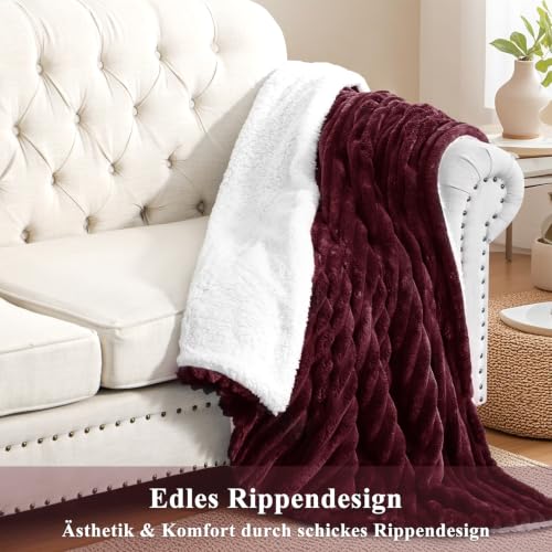 RUIKASI Sherpa Decke Warme Kuscheldecke Flauschige 130x150 cm Weinrot – Ansicht 5