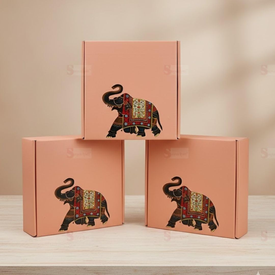 SATYAM KRAFT 5 Pcs Multipurpose Decorative Folding Paper Box with elephant print Rectangle Cardboard DIY Box, wedding Gift Hamper and Xmas Decoration Purpose(pack of 5)(Peach)-image-9