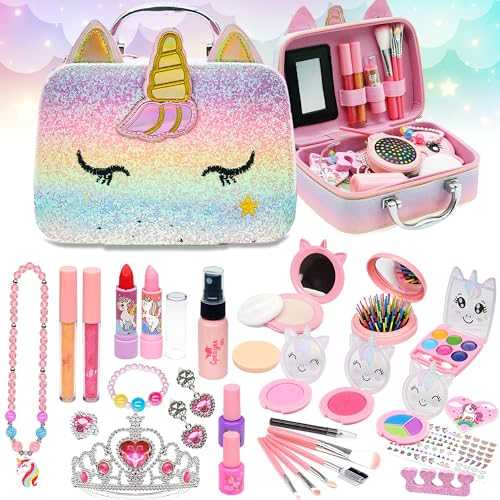 Kids Real Makeup Kit for Girls - 63Pcs Non-Toxic Washable Little Girls Make Up Toys, Princess Cosmetics Set for Toddlers Children Christmas Birthday Gifts for 3 4 5 6 7 8 9 10 11 12 Year Old Girls