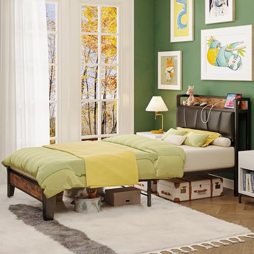 LIKIMIO Twin XL Bed Frames, Storage Headboard with Charging Station, Solid and Stable, Noise Free, No Box Spring Needed, Easy Assembly (Vintage and Black)