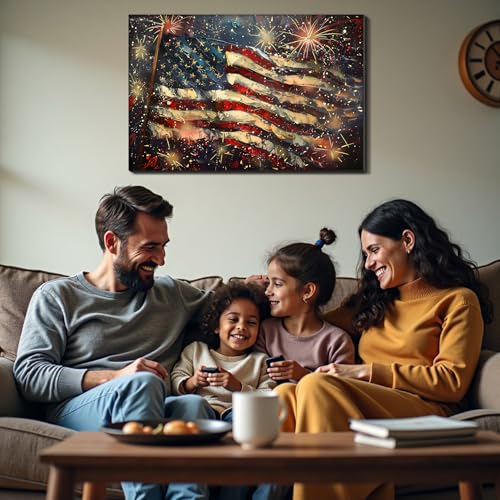 Image of Framed 4th of July Fireworks American Flag Wall Art, Patriotic USA Canvas Art Pictures, Flag Wall Decor for Living Room Man Cave Bar, Ready to Hang Made in USA