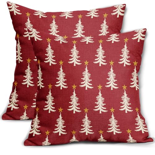Dark Red Christmas Pillow Covers 16x16 Set of 2 Xmas Tree Star Rustic Winter Print Decorative Outdoor Pillowcases Farmhouse Vintage Holiday Decorations Throw Cushion Case Decor for Couch Sofa Bed