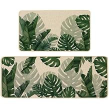 Baccessor Monstera Summer Kitchen Mats Set of 2, Banana Green Leaf Kitchen Rugs Low-Profile Non-Slip Absorbent Floor Mat 17x29 and 17x47 Inch Home Seasonal Decoration
