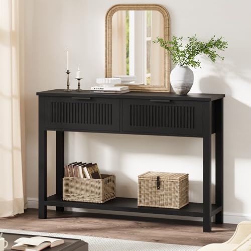 GAOMON Farmhouse Entryway Table,43 Inch Wood Console Table with 2 Drawers,2 Tier Sofa Table with Storage for Living Room, Foyer Tables for Entryway-Black