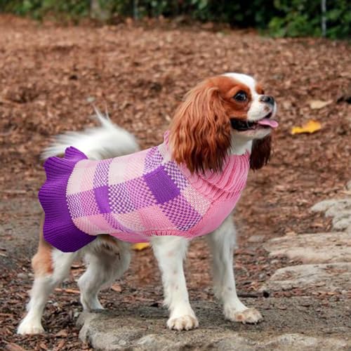 Image of Dog Sweater Dress Plaid Knitwear for Small Medium Dogs Warm Puppy Pet Turtleneck Stretch Pullover Cute Fall Winter Vest Clothes with Leash Hole for Christmas (Purple, L)