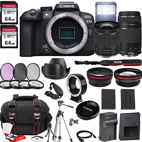 Canon EOS R10 Mirrorless Camera w/RF 24-105mm f/4-7.1 is STM Lens + EF 75-300mm f/4-5.6 III Lens + 2X 64GB Memory + Hood + Case + Filters + Tripod & More (35pc Bundle)