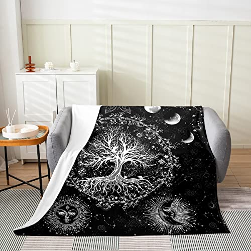 Sonne und Mond Fleece Überwurfdecke 229x229cm Kinder Bohemien Stil Lebensbaum Fuzzy Decke für Bett Sofa Couch ganzjährig Bohemien Stil Bettdecke Atmungsaktive Galaxie Plüschdecke Zimmerdekoration Cover