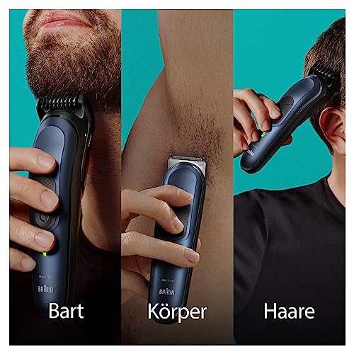 Braun All-In-One Trimmer-Set 7, 10-in-1 Multigroom, Barttrimmer, Nasenhaartrimmer, Haarschneidemaschine für Gesicht, Kopf und Körper, 100 Min. Akku, 14 Längen (3–21 mm), Wasserdicht, MGK7410, Blau