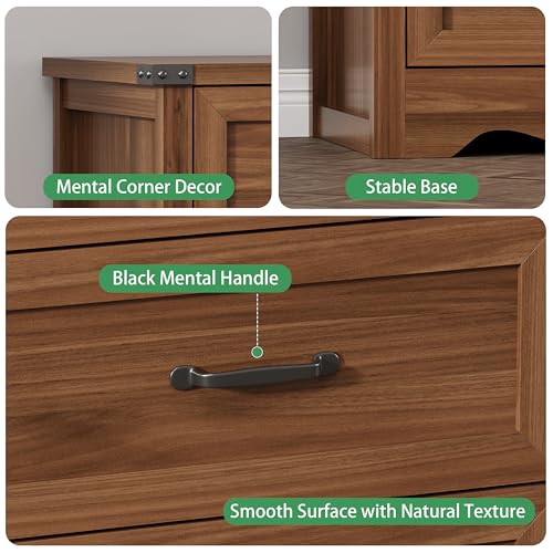 Image of Nightstand with 3 Drawers, 24 inch Wide Farmhouse Bedside End Table, Rustic Wood Side Table Night Stand with Mental Handle, Tall Modern Small Dresser Chest of Drawer for Bedroom, Living Room, Dorm, Walnut