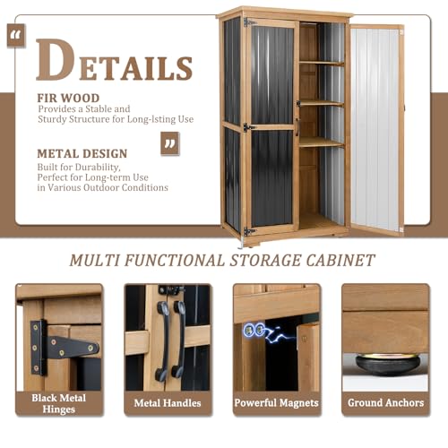 Image of Outdoor Storage Cabinet, Wood & Metal Storage Shed with Weather-Resistant Roof, Removable Shelves, Lockable Doors, Outside Storage Tool Organizer for Garden, Patio, Backyard, Garage, Pool
