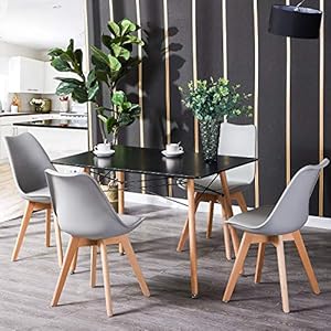 H.J WeDoo Ensembles de Meubles de Salle à Manger, 4 Gris Chaises Scandinaves et Noir Tables Rectangulaire pour la Maison, Le Bureau, la Cuisine, Le Balcon