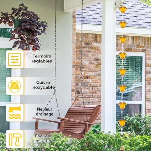 KHayRovies Chaîne de Pluie, chaînes de Pluie en métal de Longueur 2.3 m, Tuyau de Descente de Rechange pour gouttières, Fonctionnelle et décorative chaînes de Pluie suspendues (Jaune) – vue 4