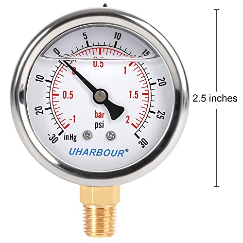 glycerin filled vacuum pressure gauge 2-1234 clear dial1434 npt bottom connection stainless steel case brass movement dual scales -30hg30psi