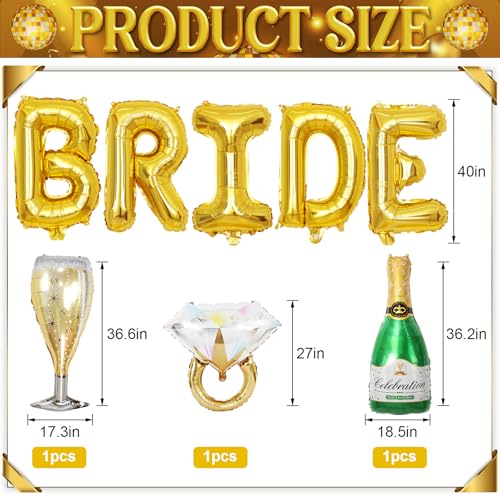 Image of 40inch Bride Balloons Gold Letters Banner, Bachelorette Party Decorations Set with Diamond Ring Champagne Bottle Balloon Glass Foil Balloon for Gold Bachelorette Engagement Wedding Bridal Shower Decor