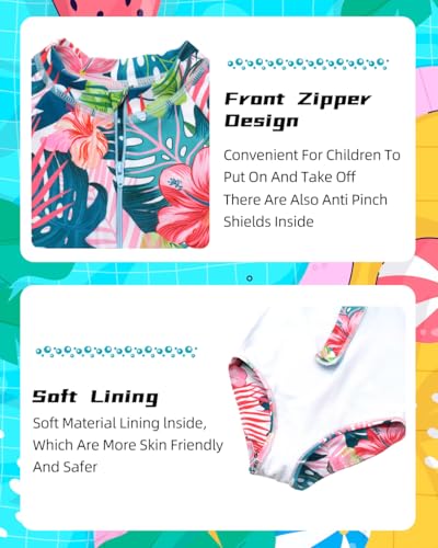 Image of Kids Girls Rash Guard Long Sleeve One Piece Swimsuits Zipper Bathing Suits UPF 50+ Tropical Plant Flowers Ages 3-12