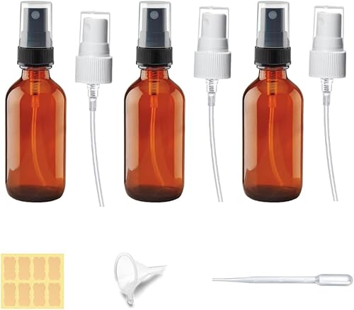 Botellas pequeñas de vidrio ámbar de 2 onzas para aceites esenciales, paquete de 3 botellas de spray de niebla fina vacía tamaño viaje (2 onzas -