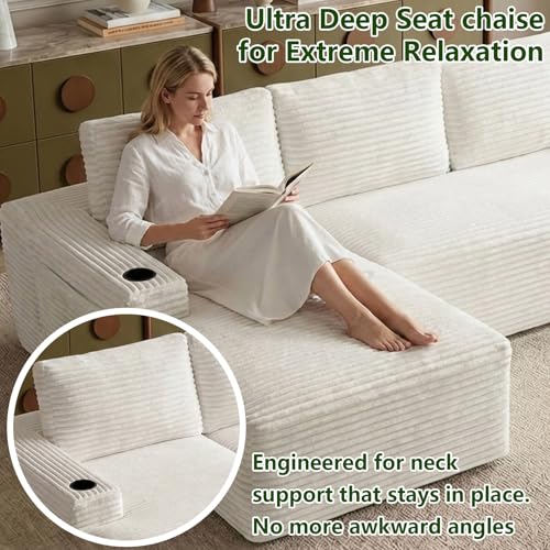 Image of 104.3 inch Modular Sectional Sofa,Modern Corduroy Cloud Couch with Cup Holder & Side Pockets,Boneless Couch Upholstered 3-Seater L-Shaped Sofa for Living Room,No Assembly (White, Left-Facing Chaise) | with Cup Holder