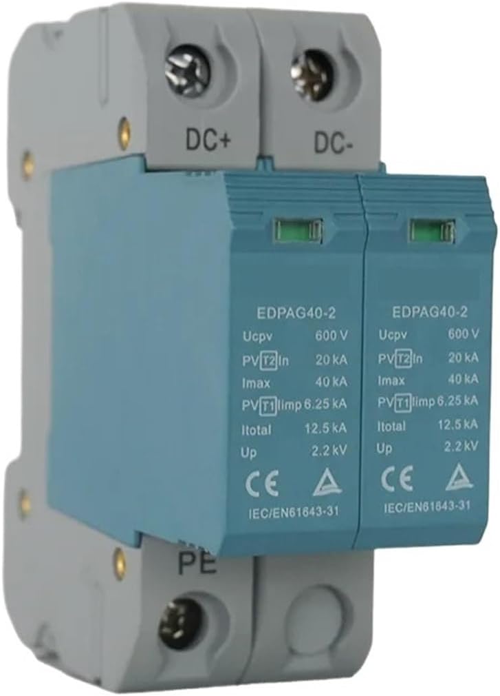 2Pole DC SPD T1+T2,Solar PV12.5KA Surge Protection,Din Rail 600V 40KA Arrester Protector(2 Pole with Signal)
