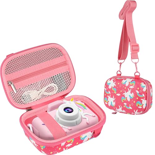 Pink unicorn Leayjeen hard case for kids toy cameras with wrist strap — the 5.1 x 3.3 x 2.2 in shell is sized for the youngest photographers