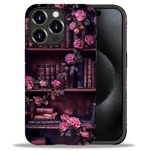 DAIZAG Case for iPhone 15 Pro,Vintage Bookshelf Rose Mixed 2 Layer Design Shockproof Soft TPU Ddouble Protection Phone Case for iPhone 15 Pro - image 1
