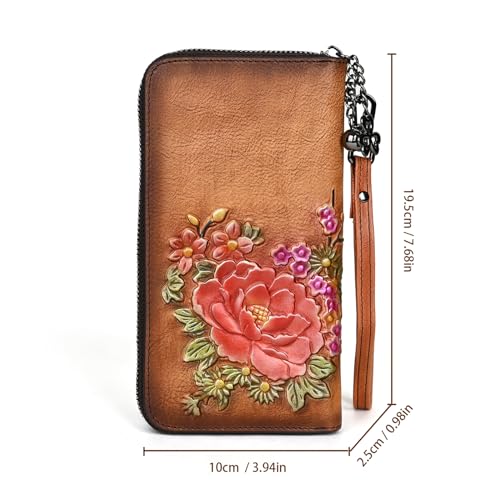 Embossing Purses for Women, Genuine Leather Long Wallet Vintage Floral Zipper Clutch Large Capacity (Brown)4