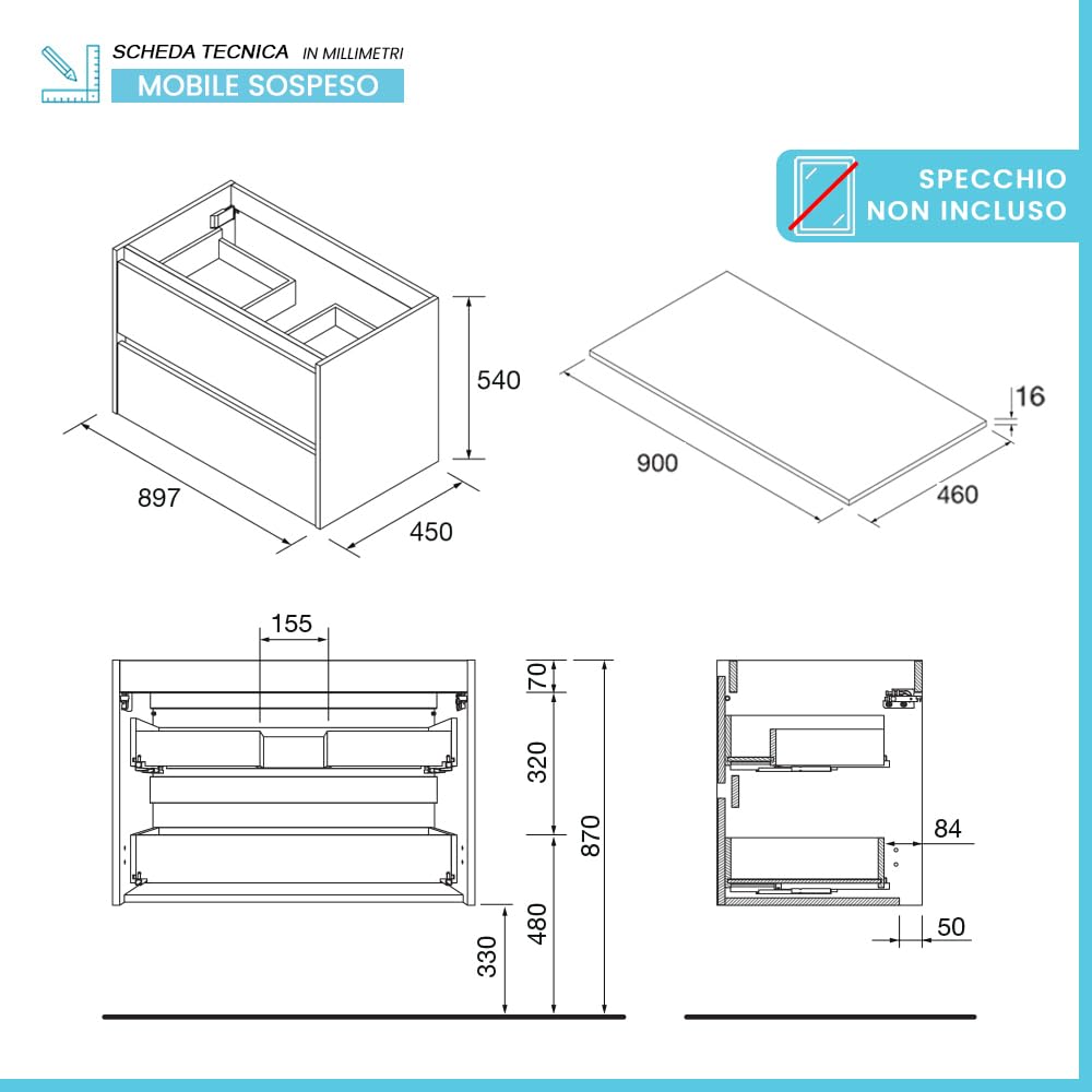 Inbagno Mobile bagno sospeso 90 cm rovere bali con top per lavabo, 2 cassetti con chiusura soft-close, Linea GAYA