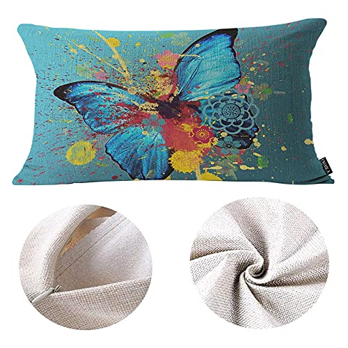 Ekobla Butterfly Pillow Covers Watercolor Lotus Floral Fantasy Splash Doodle Painting Waist Lumbar Cotton Linen Cushion Cover Oblong Rectangle Pillowcase For Men Women Home 12X20 Inches #TOP5