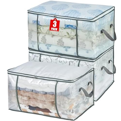 80L Clear Large Storage Bag, Clothes Storage Containers for Organizing Closet, Bedroom, Underbed, Comforters, Clothing, Blankets, Pillow, Foldable Organizer with Sturdy Handle and Zippers (3)