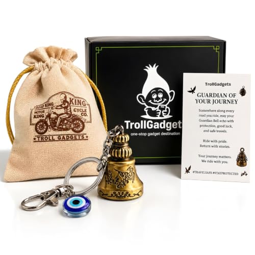 Image of TrollGadgets Premium Guardian Bell Keychain for Bike & Car | Tibetan Texture Bell Keychain with Evil Eye & Silver Hook | Good Luck Charm with Laser-Engraved Box And Potley