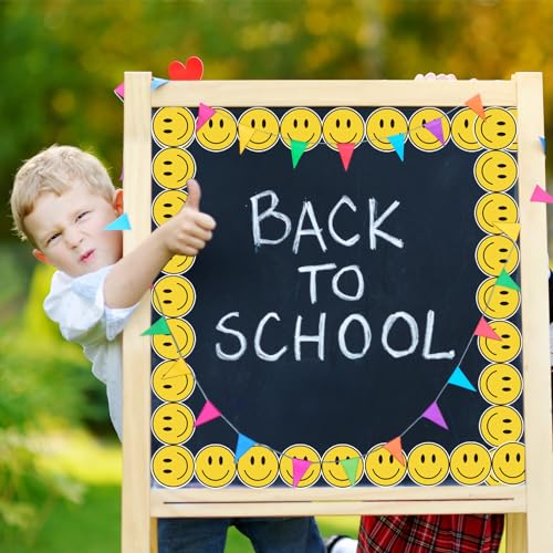 Image of Whaline 65.6 Ft Back to School Bulletin Board Border Smiling Face Trim Borders Non-Stick Yellow Paper Border Roll for Teachers' Day Classroom Chalkboard Decoration