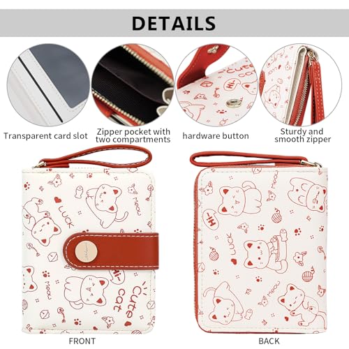 Image of Farcauo Cat Pattern Wallet for Women and Ladies Small Cute Kawaii Red Coin Purse with ID Window and Credit Card Holder Compact Wallet for Women and Ladies