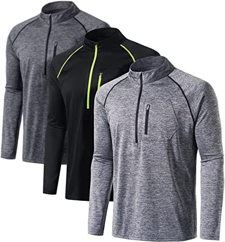 ATHLIO Men's Long Sleeve Athletic Shirts - Quick Dry, UV Sun Protection, and 1/4 Zip Pullover Running Tops for Outdoor, Half-Zip 3pack Black & Neon/Carbon Grey/Spacedye Grey, Large