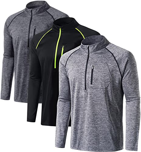 Athlio Men's Long Sleeve Athletic Shirts - Quick Dry, Uv Sun Protection, And 1/4 Zip Pullover Running Tops For Outdoor, Half-Zip 3Pack Black & Neon/Carbon Grey/Spacedye Grey, Large #TOP5