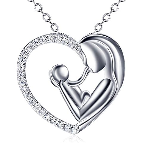 Flyow 925 Sterling Silver Mother and Child Love Heart Pendant Necklace for Women with Delicate Cubic Zirconia, Silver Chain 18 Inches Mum Necklaces (Mother and Child) Cover