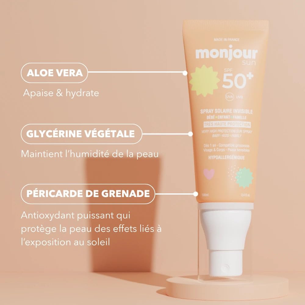 Made in France - Crème Solaire SPF 50 Plus Bébé et Enfant - Spray Invisible Visage et Corps - Peau Sensible - Hypoallergénique à l’Aloe Vera
