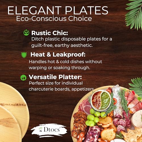 Dtocs Palm Leaf Plates 12 Inch Round Charcuterie Boards (25) | Bamboo Plates Look Compostable Plates, Serving Platters and Trays, Disposable Pizza Trays | Sturdy Sub Heavy Duty Paper Plates 12 Inch