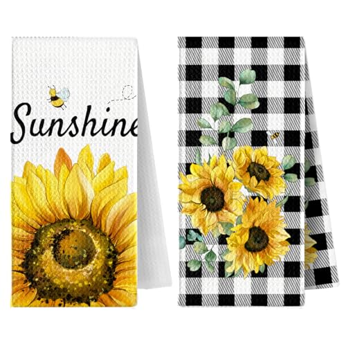 Puomue 2 Pack Sunflowers Waffle Kitchen Towels Dish Towels, 15.7 Inch X 23.6 Inch, Super Absorbent...