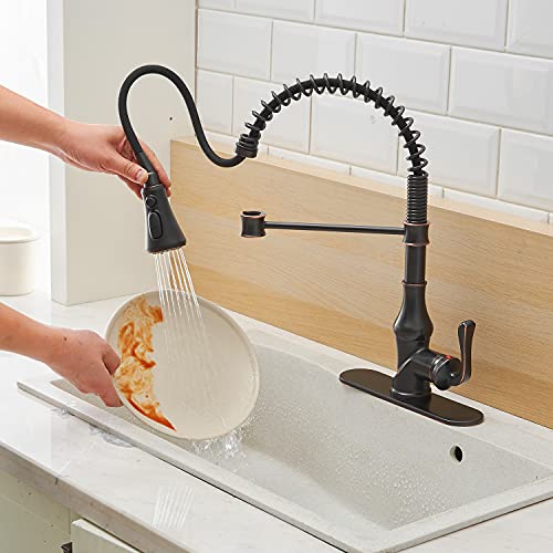 Bathlavish Oil Rubbed Bronze Kitchen Faucet Pull Down 3 Outlet Mode Sprayer Bar Sink Farmhouse Commercial Single Hole Single Handle Mixer Tap With 10-Inch Hole Cover Plate Solid Brass Lead-Free #TOP3