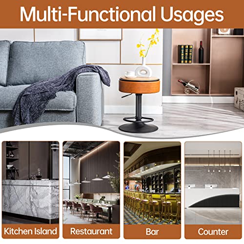 Round Storage Bar Stool, Whiskey Brown Faux Leather Height Adjustable Barstool, 360°Counter Height Swivel Stool, Armless Bar Chair With Metal Frame For Kitchen Counter Dining Living Room #TOP2