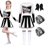 Luckyou Cheerleader Kostüm Kinder Langarm Cheerleader Mädchen mit Pompoms Socken Cheerleading Outfit Kinder für Karneval Halloween Sportfest Schwarz-140
