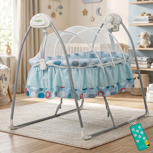 Image of BAYBEE Wanda Electric Swing Cradle for Babies | Automatic Cradle for New Born Baby with 6 Speed Control, Mosquito Net, Toy Bar & Music | Jhula for Kids | Baby jhula for 0 to 2 Years (Blue)