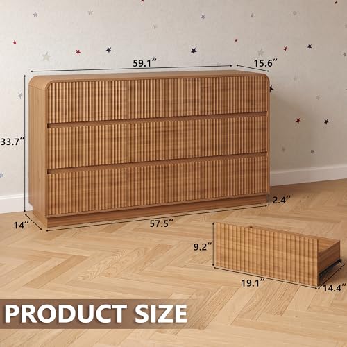 Image of BORNOON Dresser for Bedroom with 9 Drawers, Fluted Chest of Drawers with Round Curved Corner, Hidden Handles, Modern Wood Storage Organizer for Bedroom, Nursery, Living Room