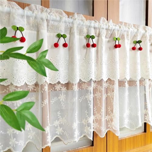 Cortinas de cocina con exquisito encaje de cereza y doble capa de gasa premium 3