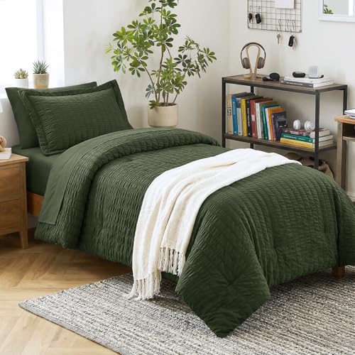 Image of CozyLux Twin XL Comforter Set 5 Pieces, College Dorm Olive Green Seersucker Twin Extra Long Bed in a Bag, Soft Down Alternative Bedding Sets with Comforter, Sheets, Pillowcase & Sham, Back to School